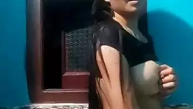 Big boobs girlfriend topless in bathroom